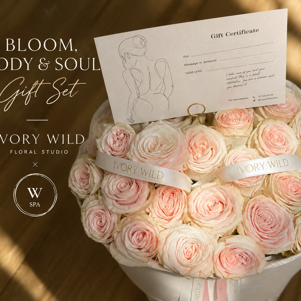 Bloom, Body & Soul gift-set graphic with cream and blush roses and a W Spa gift certificate.