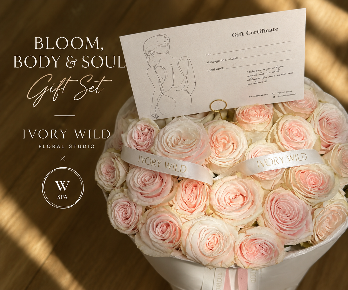 Bloom, Body & Soul gift-set graphic with cream and blush roses and a W Spa gift certificate.