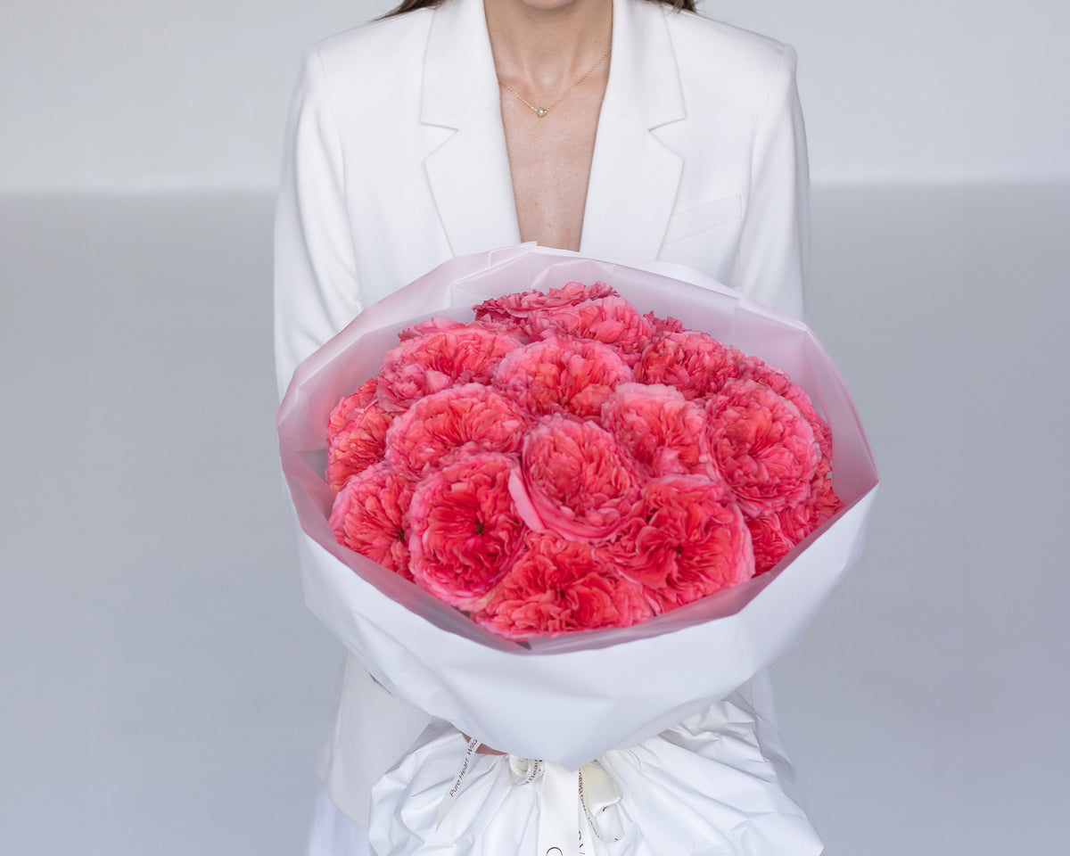 Handcrafted pink garden rose bouquet by Ivory Wild Austin florist
