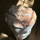 Large Soft Blush bouquet of pale blush and cream roses with branded ribbons by Ivory Wild, Austin florist.